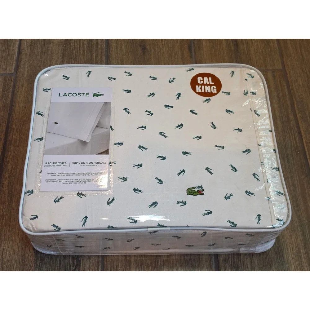 Lacoste Cal King 4pc Sheet Set 100% Cotton Percale Doodle Croc White Dark Green